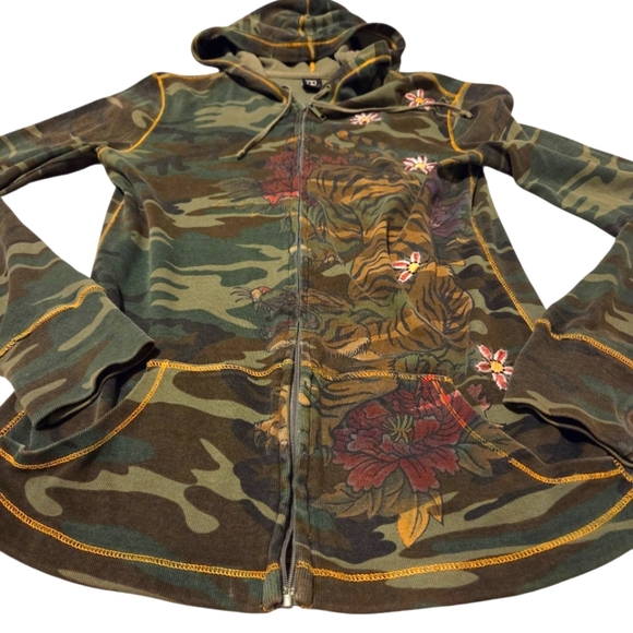 Vintage Y2k Lucky Camo Tiger Embroidered Flower Zip Hoodie Sweatshirt Sz Medium - Picture 10 of 10